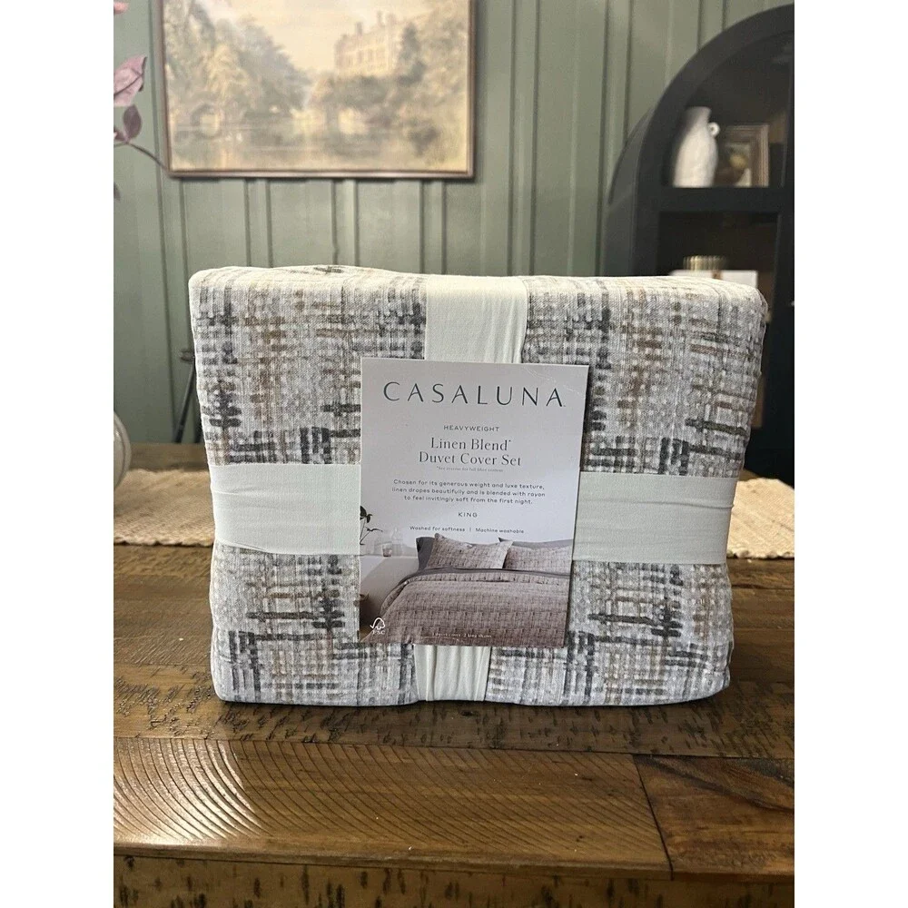 NEW Casaluna King Heavyweight Linen Blend Duvet Cover & Sham Set – Multi Neutral